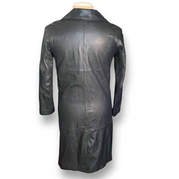 L’Univers Du Luxe Black Leather Longline Trench Coat Zipper Pockets Button Down - Picture 5 of 11